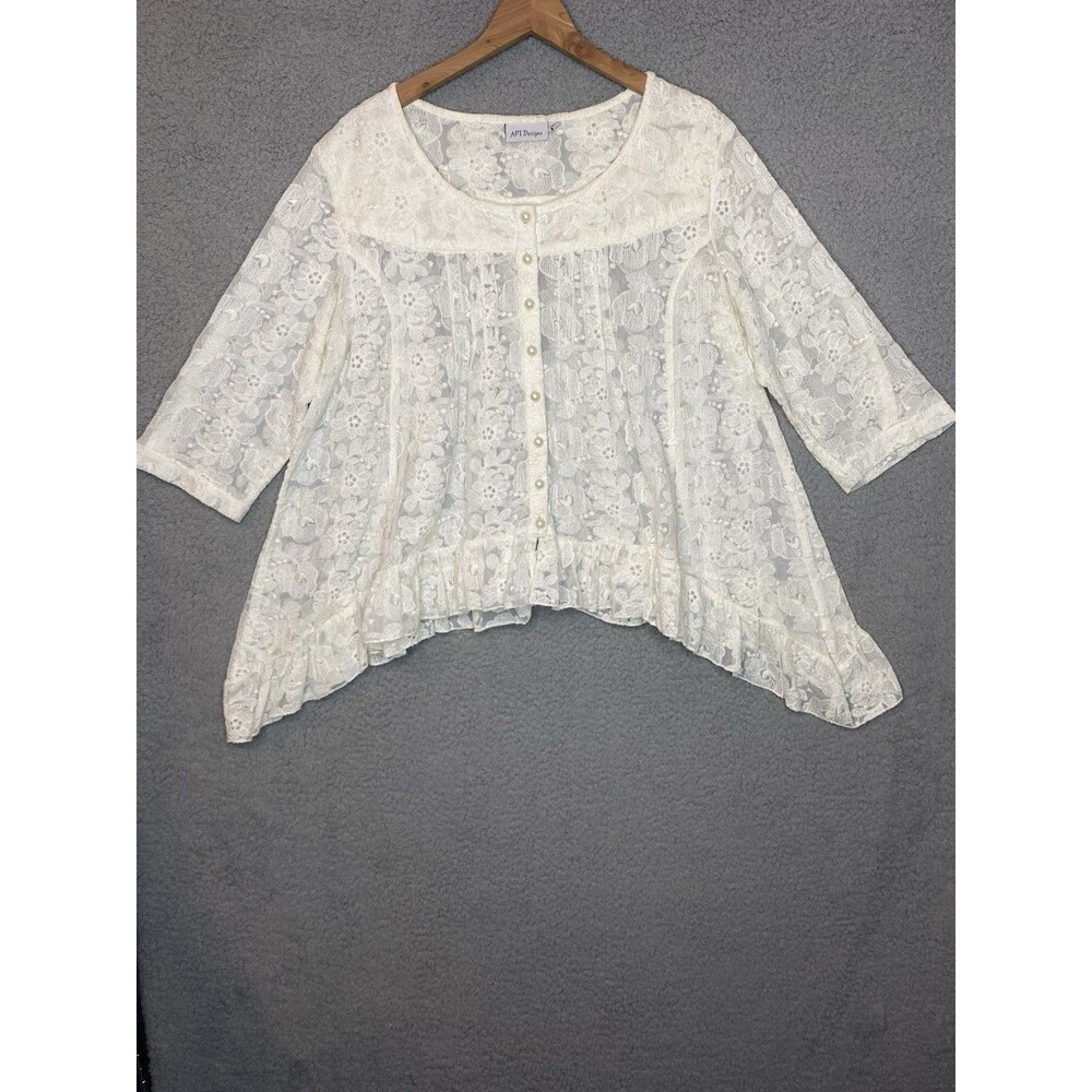 Ivory White Cottagecore Fairy Floral Lace Cardigan Sz XL Roll Tab Sleeve Ruffle